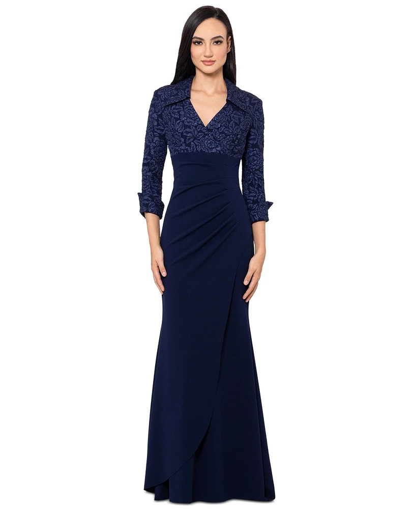 Xscape Women's Collared V-Neck Jacquard Dress