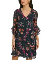 Calvin Klein Women's Printed Chiffon Bell-Sleeve Dress