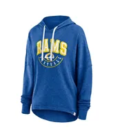 Women's Fanatics Royal Distressed Los Angeles Rams Lightewight Modest Crop Lounge Helmet Arch Pullover Hoodie