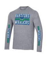 Men's Champion Heather Gray Distressed Hartford Whalers Tri-Blend Dual-Stripe Long Sleeve T-shirt