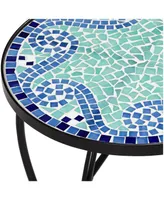 Ocean Wave Modern Industrial Black Iron Metal Round Outdoor Accent Side Table 14" Wide Light Green Mosaic Tile Tabletop Gracefully Curved Legs for Por