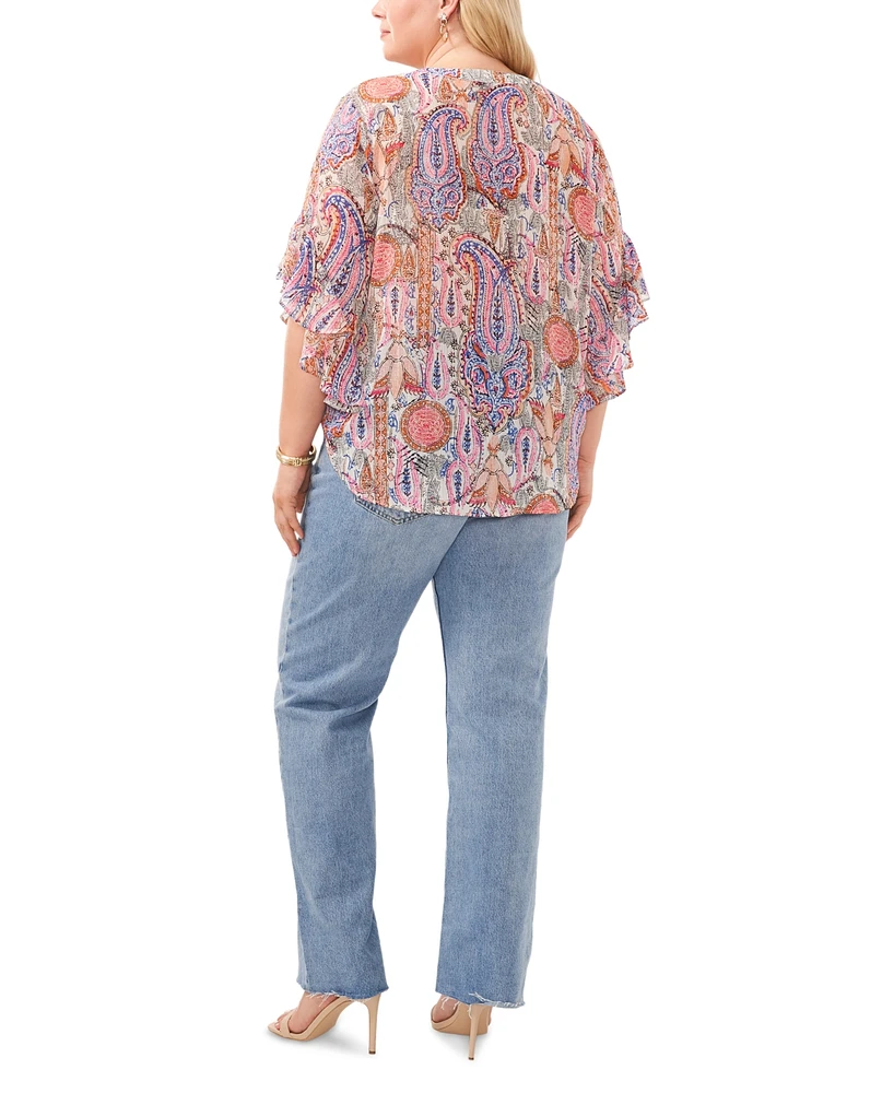 Vince Camuto Plus Paisley Print Flutter Sleeve Pleated Top