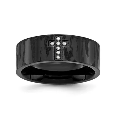 Chisel Stainless Steel Matte Black Cubic Zirconia Cross Band Ring