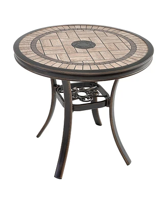 Mondawe 32" Round Aluminum Outdoor Patio Bistro Dining Side Table with Umbrella Hole, Brown