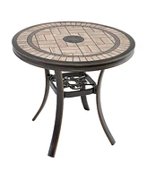 Mondawe 32" Round Aluminum Outdoor Patio Bistro Dining Side Table with Umbrella Hole, Brown