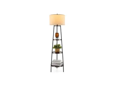Shelf Floor Lamp With Storage Shelves And Linen Lampshade