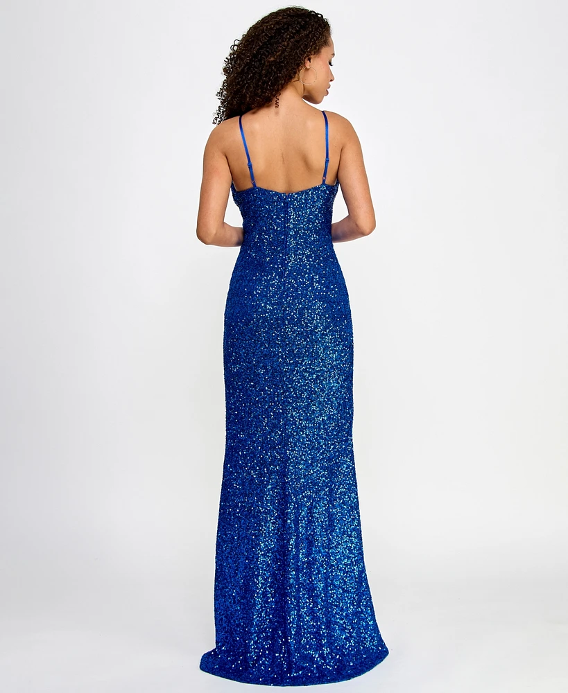 Crystal Doll Juniors' Sequin Draped-Neck High-Slit Gown