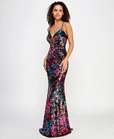 Crystal Doll Juniors' V-Neck Floral-Sequin Lace-Up-Back Gown