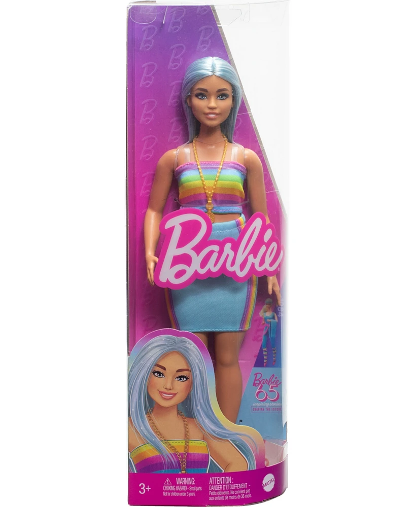 Barbie Fashionistas Doll 218 with Blue Hair, Rainbow Top and Teal Skirt, 65th Anniversary