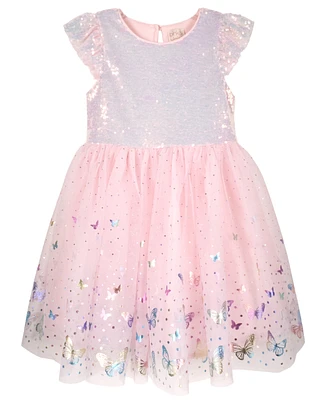 Pink & Violet Toddler Girls Sequin Flutter Sleeve and Printed Foil Butterfly Border Dress