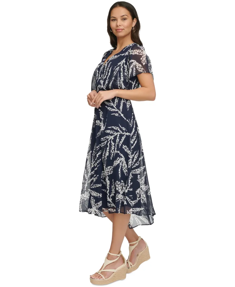 Dkny Women's Printed Chiffon Flutter-Sleeve Midi Dress