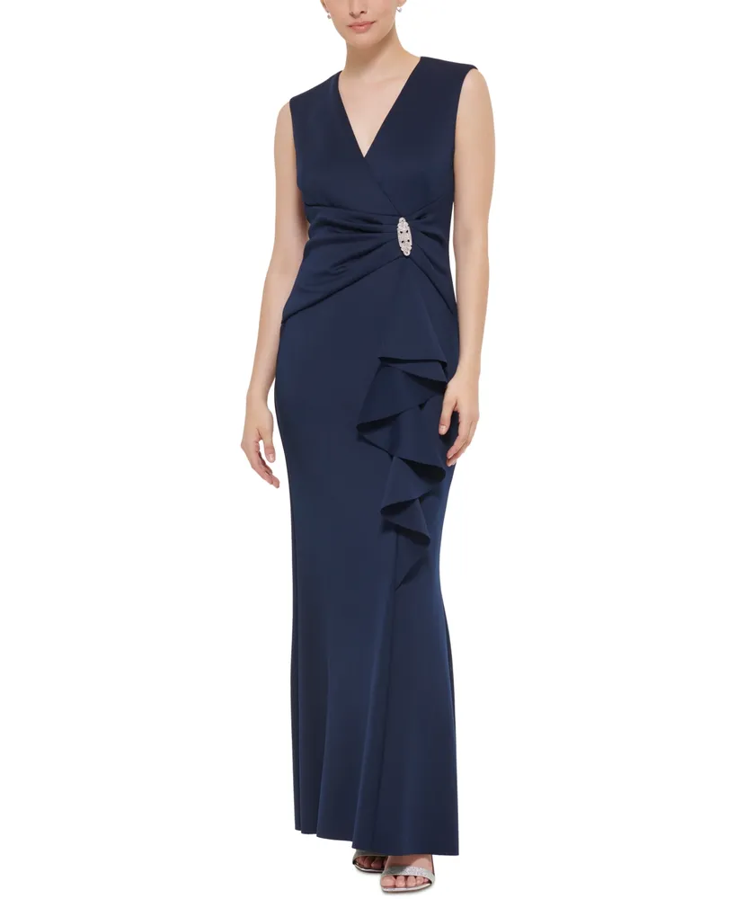 Jessica Howard Mixed-media Ruched-waist Gown in Blue
