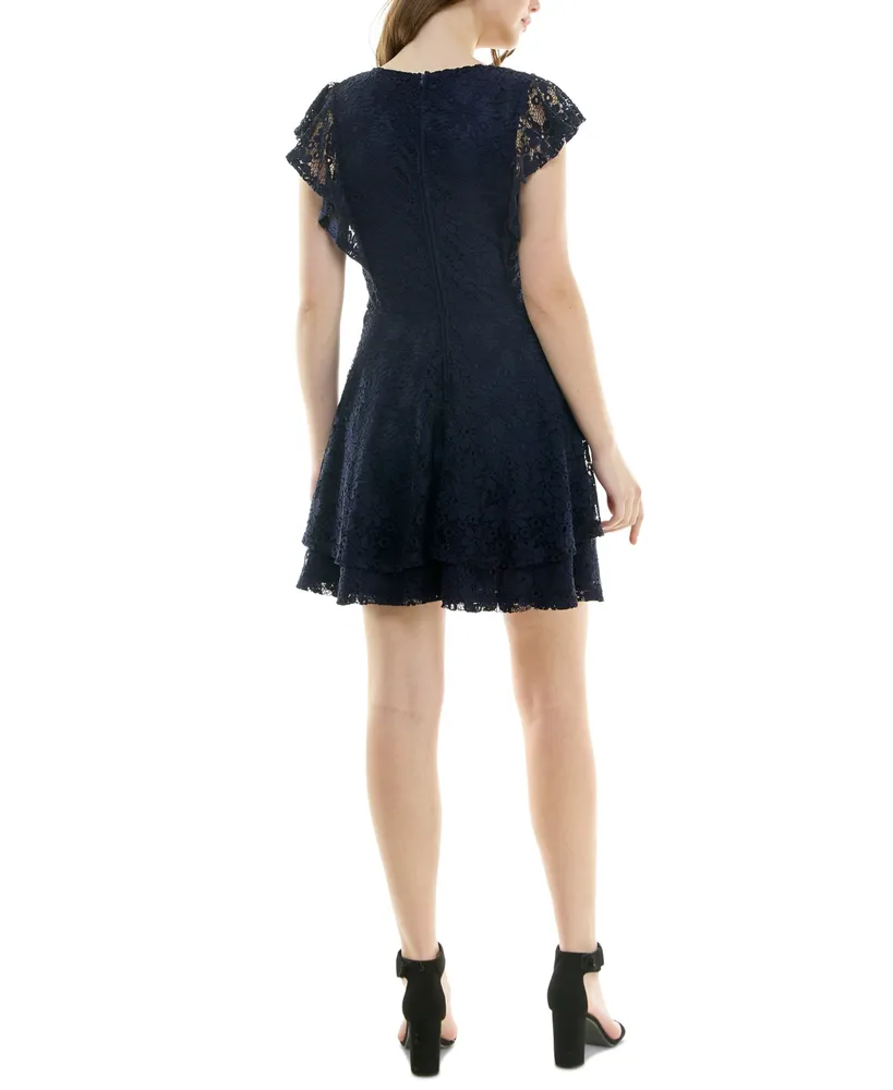 Crystal Doll Juniors' Ruffle-Sleeve Lace Dress
