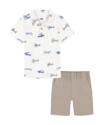 Kids Headquarters Little Boys Short Sleeve Printed Slub Polo Shirt and Twill Shorts, 2 Piece Set