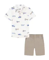 Kids Headquarters Little Boys Short Sleeve Printed Slub Polo Shirt and Twill Shorts, 2 Piece Set