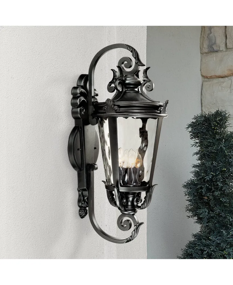 Casa Marseille European Outdoor Wall Light Fixture Textured Black Scroll Arm 31" Clear Hammered Glass for Exterior House Porch Patio Outside Deck Gara