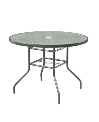 Garden Elements Sienna Metal Round Patio Glass Top Table, Gray, 40in