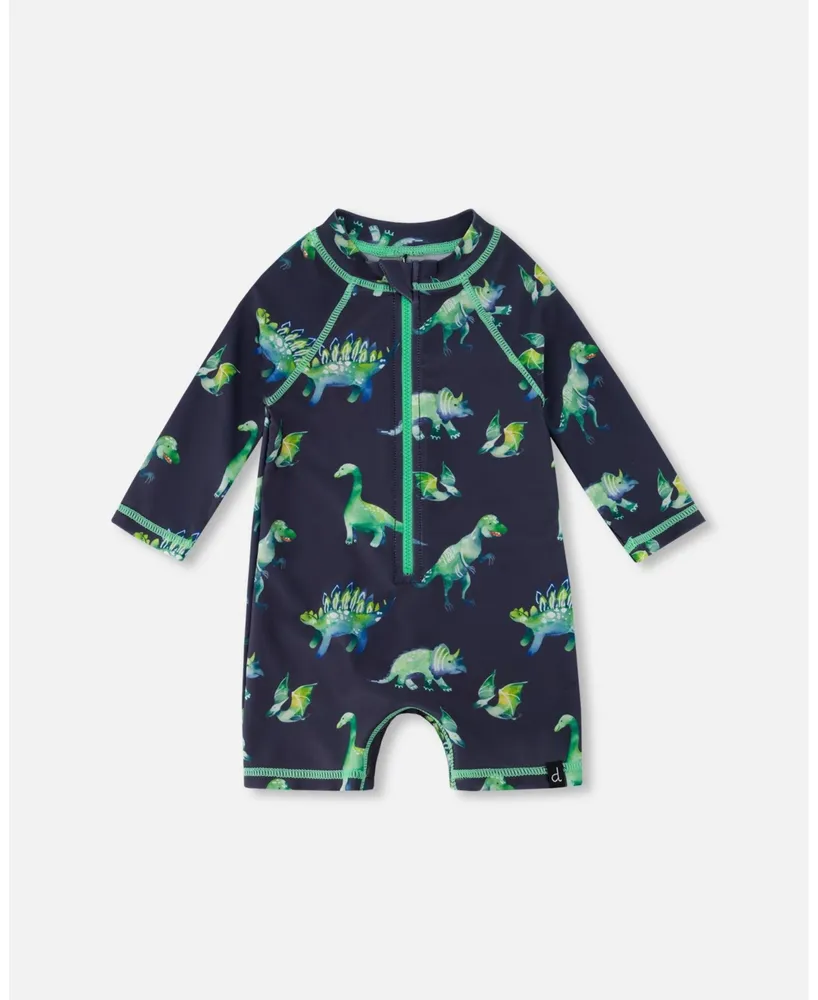 Baby Boy Long Sleeve One Piece Rash guard Grey Printed Dinosaurs - Infant