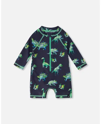 Baby Boy Long Sleeve One Piece Rash guard Grey Printed Dinosaurs - Infant