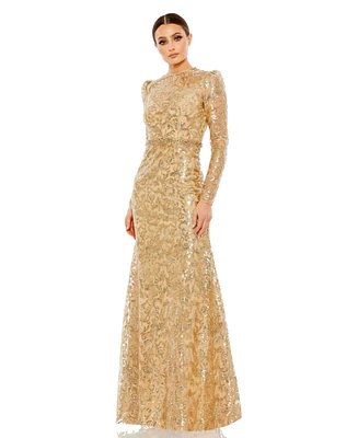 Women's Embellished High Neck Long Sleeve Gown