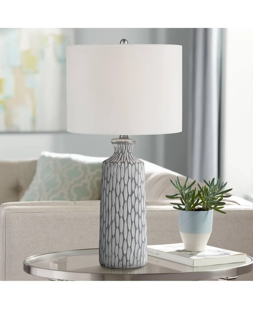 Patrick Modern Coastal Table Lamp 26 1/4" High Whitewash Gray Geometric Ceramic Drum Fabric Shade Decor for Bedroom Living Room House Home Bedside Nig