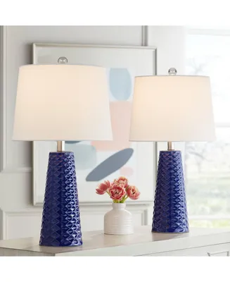 Ricky Modern Table Lamps 24" Tall Set of 2 Deep Blue Triangle Textured Ceramic White Fabric Tapered Drum Shade for Bedroom Living Room House Home Beds