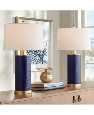Gilson 24 1/2" High Modern Coastal Glam Table Lamps Set of 2 Gold Textured Blue Finish Ceramic Fabric White Shade Living Room Bedroom Bedside Nightsta