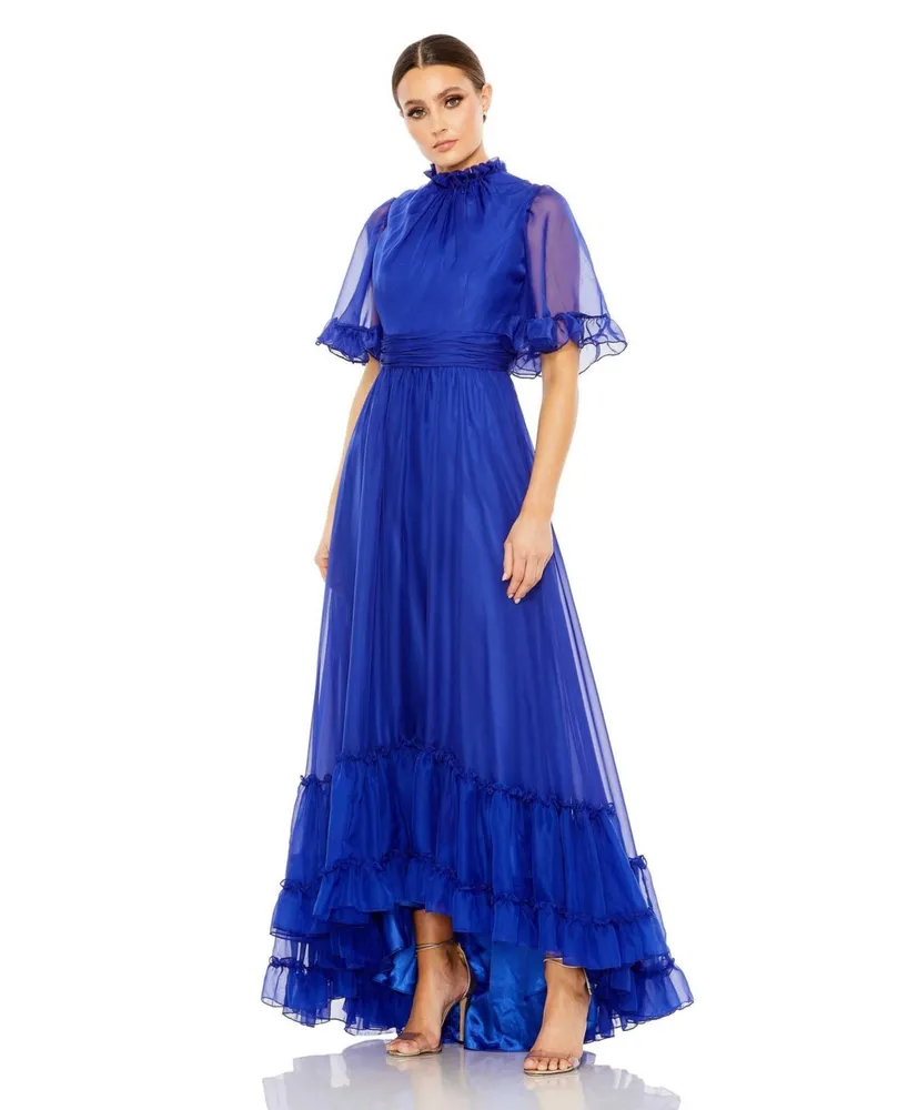Women's Ruffled High Neck Flutter Sleeve Low Hem Gown