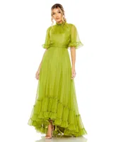 Women's Ruffled High Neck Flutter Sleeve Low Hem Gown