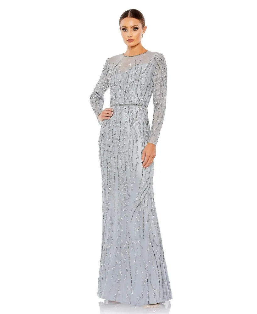 Mac Duggal Women's Embellished Illusion High Neck Long Sleeve A Line Gown -  Macy's