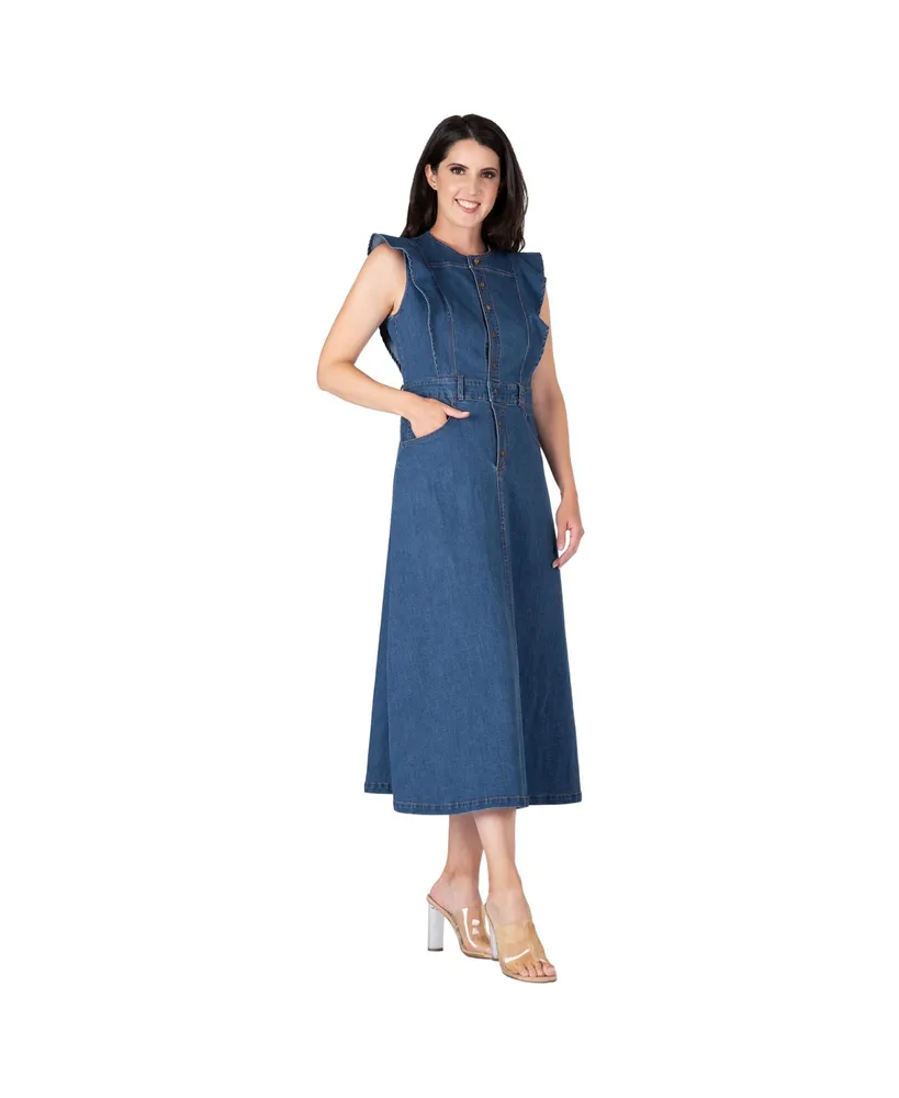 Women's Ruffle Sleeveless A-Line Midi Denim Dress
