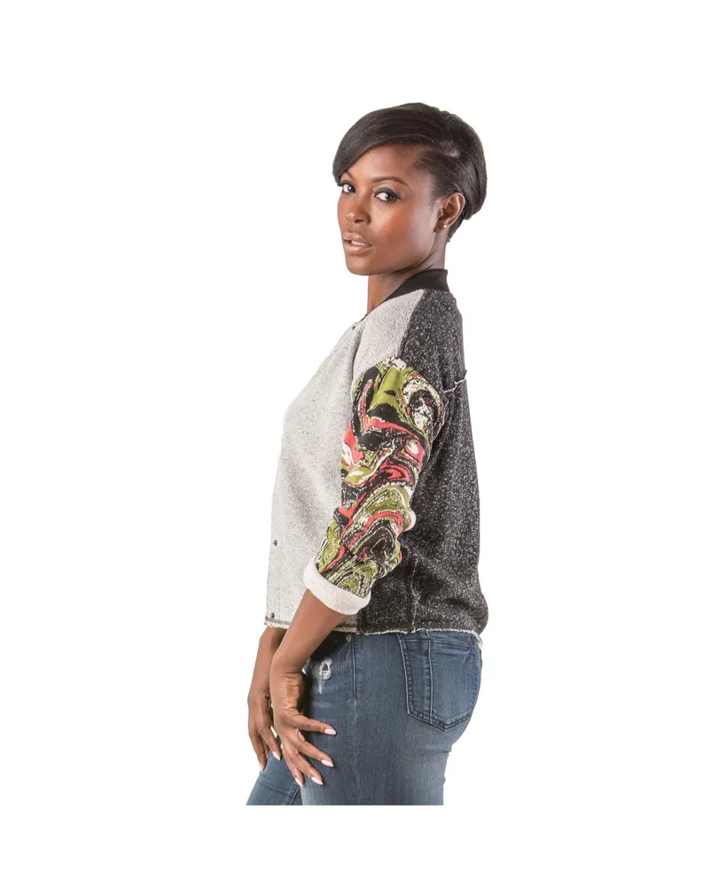 Women's Curvy Fit French Terry Marble Printed Baseball Jacket