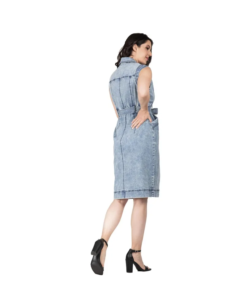 Women's Belted Denim Pocket Midi Dress