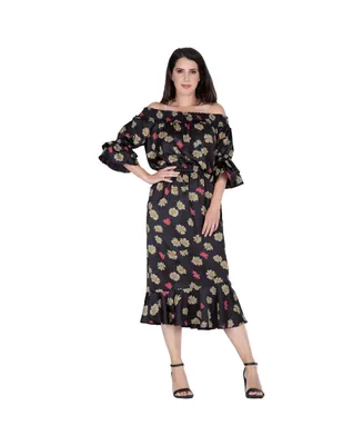 Women's Floral Print Off-Shoulder High-End Satin Midi Dress