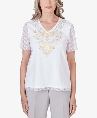 Alfred Dunner Women's Charleston Lace Sleeves Embroidered Top