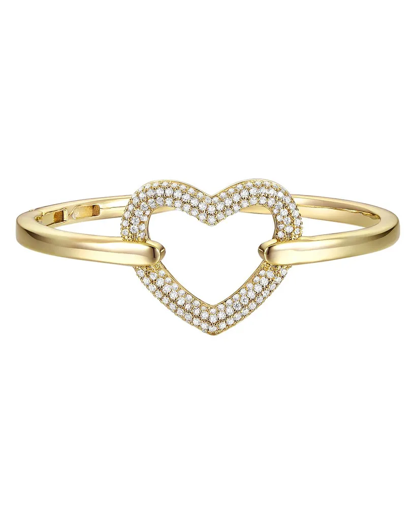 14k Gold Plated Cubic Zirconia French Pave Heart Halo Stacking Bracelet