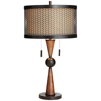 Hunter Rustic Farmhouse Table Lamp 29 3/4" Tall Cherry Wood Bronze Metal Outer Tan Fabric Inner Drum Shade for Bedroom Living Room House Home Bedside