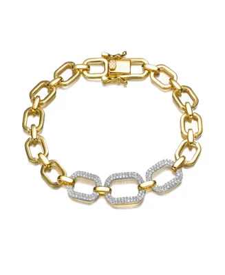 14k Gold Plated with Cubic Zirconia Pave Geometric Oval Chain & Link Bracelet