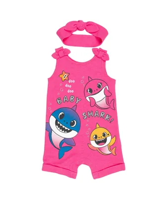Pinkfong Baby Shark Girls Snap Sleeveless Romper & Headband Pink