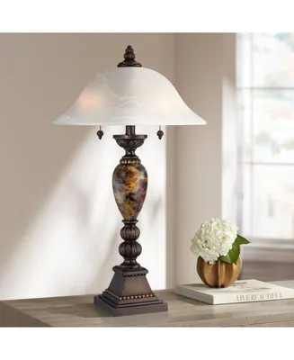 Mulholland Traditional Vintage like Table Lamp 27" Tall Aged Bronze Faux Marble White Alabaster Glass Dome Shade for Living Room Bedroom House Bedside