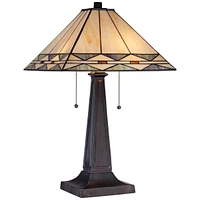 Art Deco Tiffany Style Accent Table Lamp 21.5" High Mission Bronze Brown Antique Cream Amber Stained Glass Shade Decor for Living Room Bedroom House B