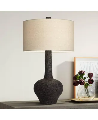 Lukas Mid Century Modern Table Lamp 27" Tall Black Pebbled Pattern White Cream Fabric Drum Shade Decor for Living Room Bedroom House Bedside Nightstan