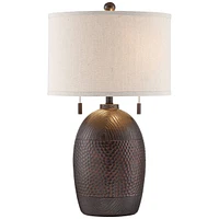 Byron Rustic Farmhouse Industrial Table Lamp 27.5" Tall Hammered Textured Bronze White Fabric Drum Shade Decor for Living Room Bedroom House Bedside N
