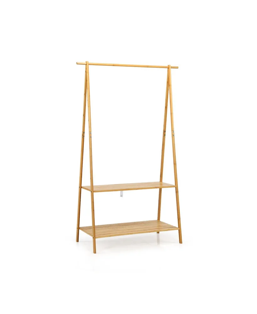 Bamboo Clothes Hanging Rack with 2-Tier Storage Shelf for Entryway Bedroom-Natural