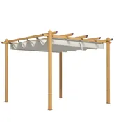 Outsunny 10'x10' Retractable Pergola with Wood Grain Aluminum Frame, Cream