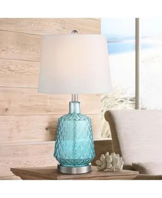 Ronald Modern Coastal Accent Table Lamp 22" High Blue Textured Glass Nickel Pole White Fabric Drum Shade for Bedroom Living Room House Home Bedside Ni
