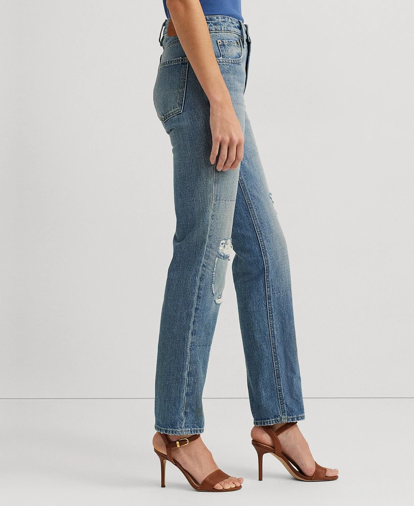 Lauren Ralph Women's High-Rise Ripped Straight Ankle Jeans