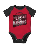 Baby Boys and Girls Mitchell & Ness Black, Red Wisconsin Badgers 3-Pack Bodysuit, Bib Bootie Set