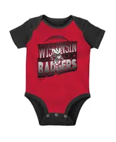 Baby Boys and Girls Mitchell & Ness Black, Red Wisconsin Badgers 3-Pack Bodysuit, Bib and Bootie Set