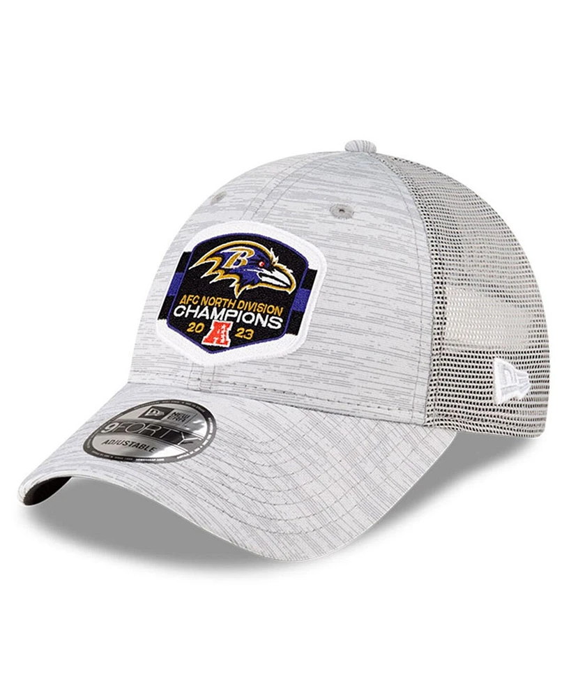 Men's New Era Heather Gray Baltimore Ravens 2023 Afc North Division Champions Locker Room Trophy Collection Trucker 9FORTY Adjustable Hat